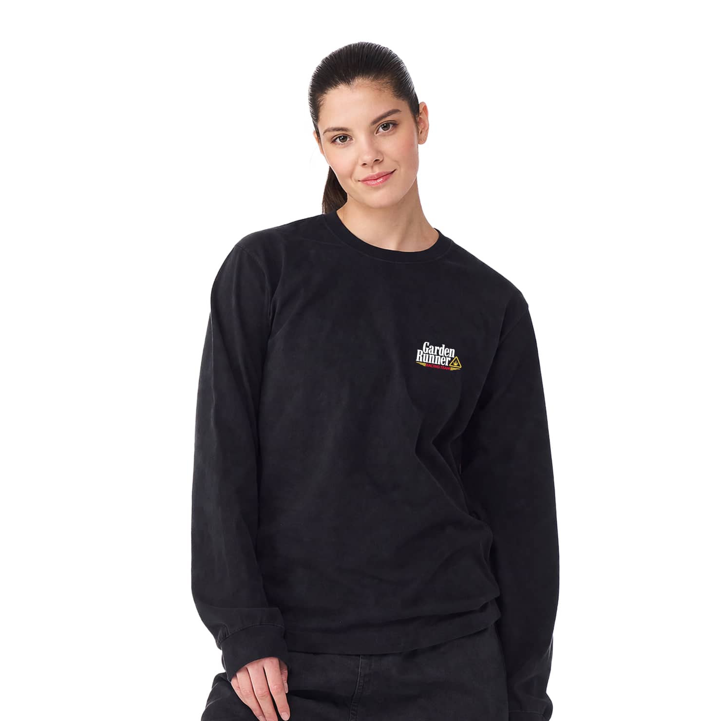 Man wearing the black Garden Runner Racing Team long sleeve, front view