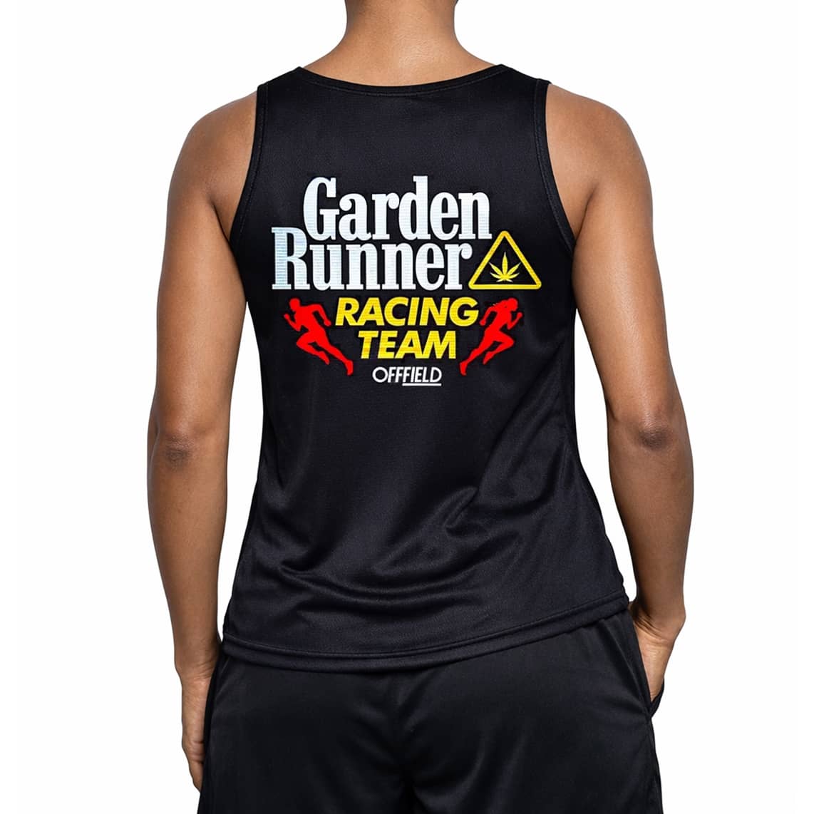 Woman wearing the Garden Runner Racing Team singlet with full front graphic