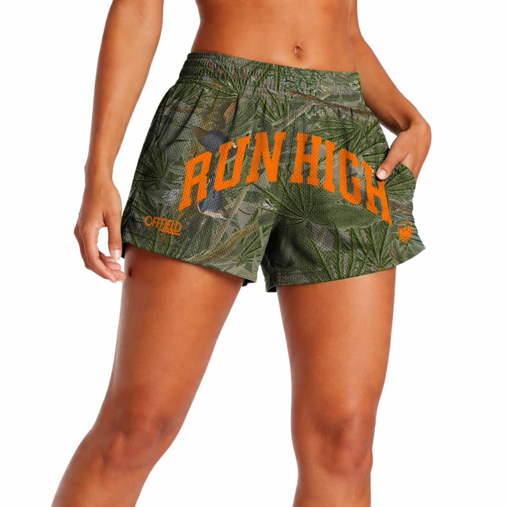Runner wearing OFFFIELD Run High Camobis shorts with 3 inch inseam